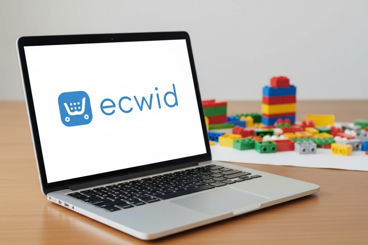 Экран ноутбука с логотипом платформы Ecwid, с разноцветными кубиками на деревянном столе