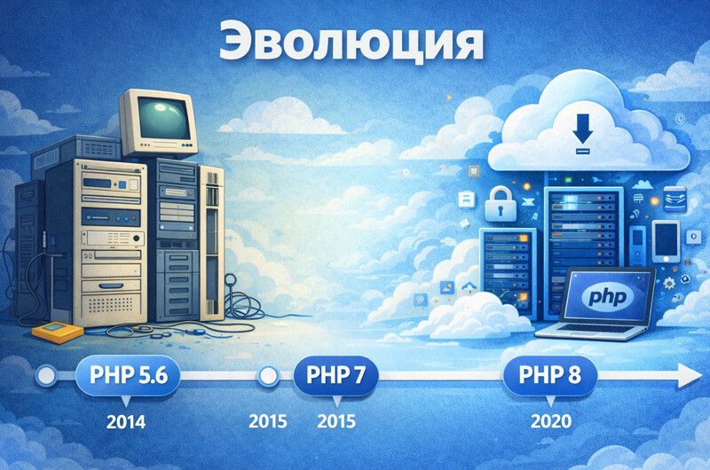 Визуализация "эволюции" — от старого серверного оборудования к современным облачным технологиям.