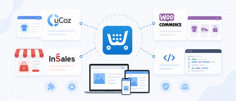 Альтернативы Ecwid: uCoz, WooCommerce и InSales Схема интеграции Ecwid с различными платформами для создания сайтов и интернет-магазинов. В центре расположен логотип Ecwid, соединённый с uCoz, WooCommerce, InSales и пользовательскими сайтами через единый интерфейс управления магазином