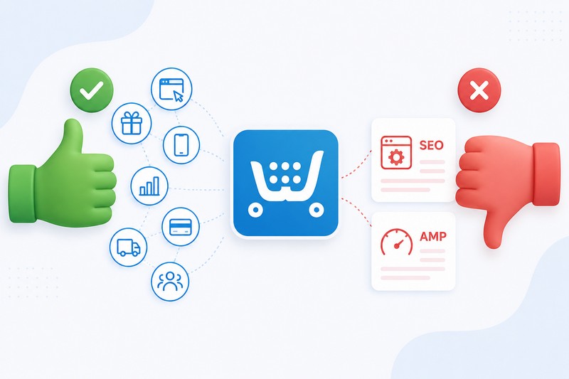 Ecwid — преимущества и недостатки платформы для интернет-магазина Инфографика с преимуществами и недостатками Ecwid: слева зелёный значок «палец вверх» и иконки функций интернет-магазина, справа красный значок «палец вниз» с обозначениями SEO и AMP, в центре логотип Ecwid.