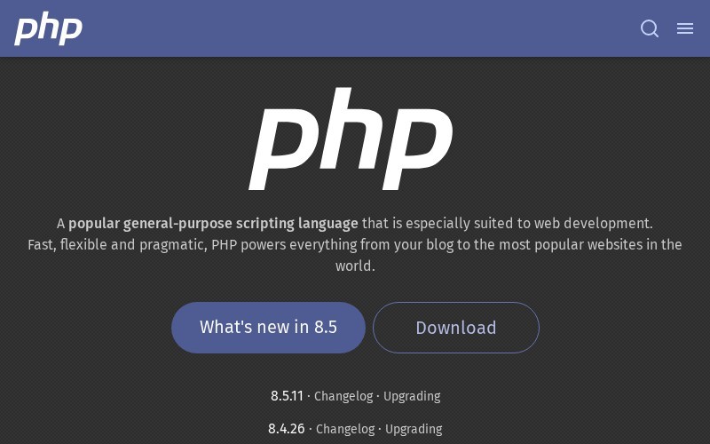Главная страница официального сайта PHP Официальный сайт PHP